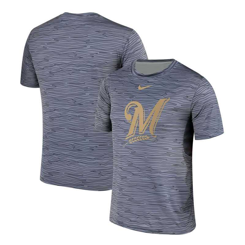 Milwaukee Brewers Gray Black Striped Logo Performance T-Shirt,We sell and wholesale Milwaukee Brewers Gray Black Striped Logo Performance T-Shirt on line form chian!